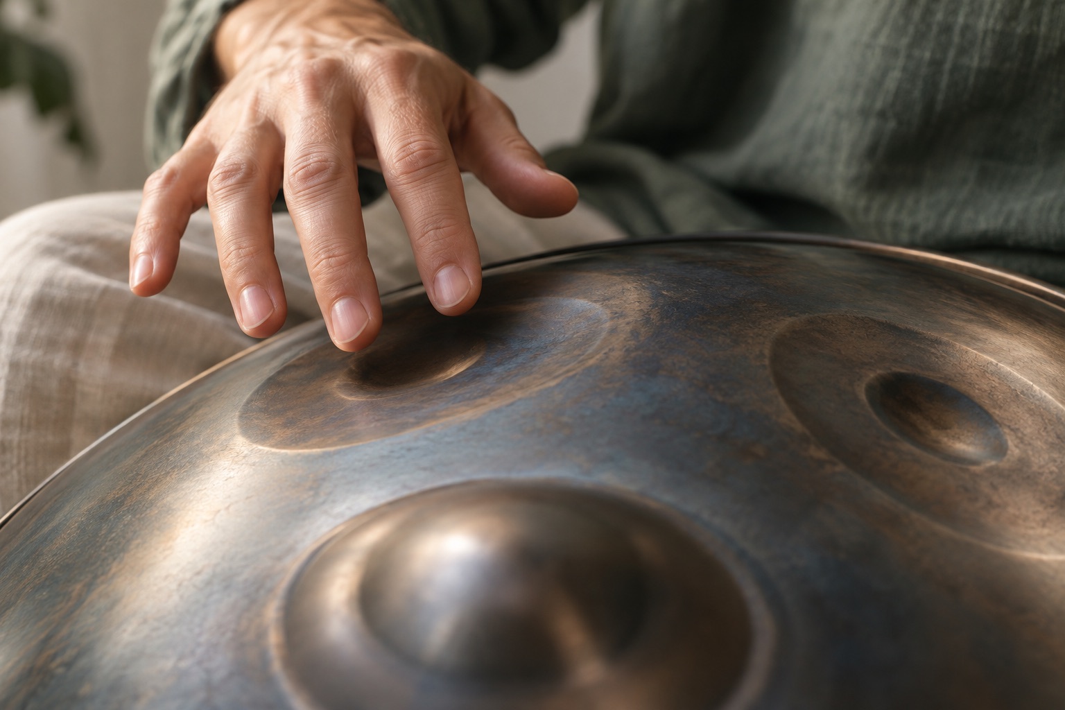 A player’s fingers poised over a handpan tone field, showing the textured steel surface.