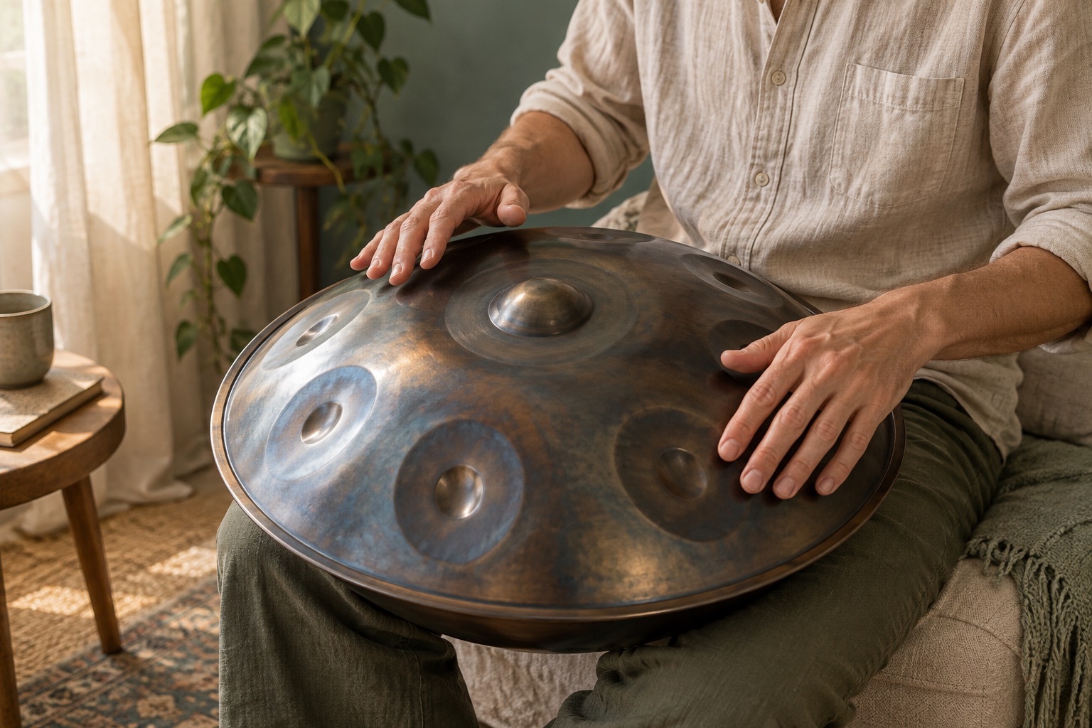 A seated player exploring an acoustic handpan in a softly lit room.
