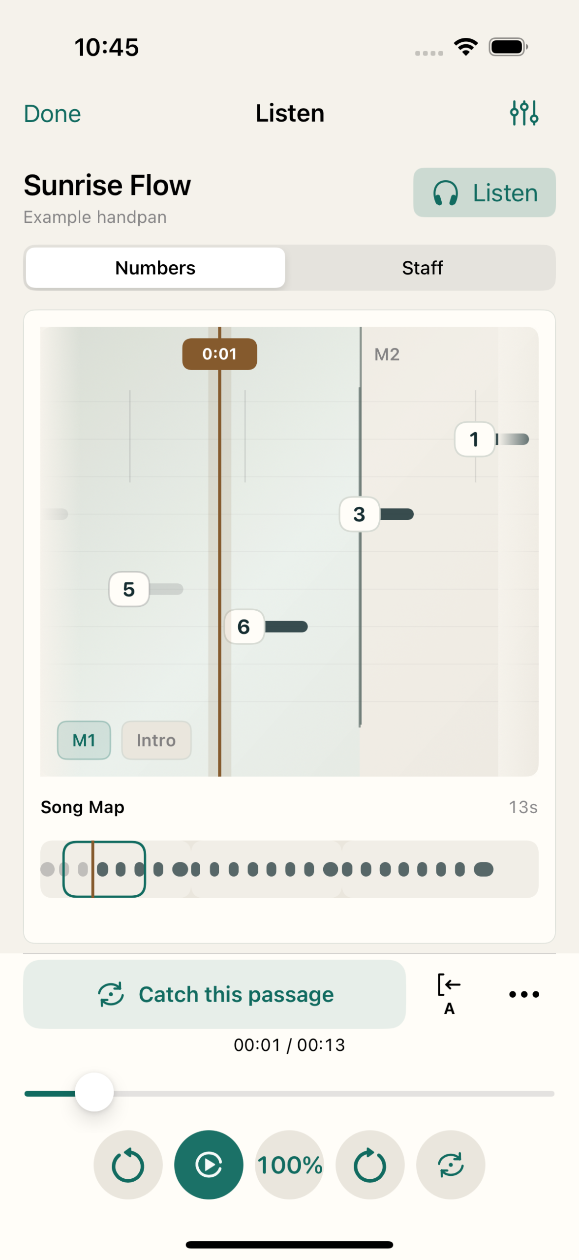 HandPanPro on iPhone showing numbered notes, a song map and playback controls for the Sunrise Flow example.